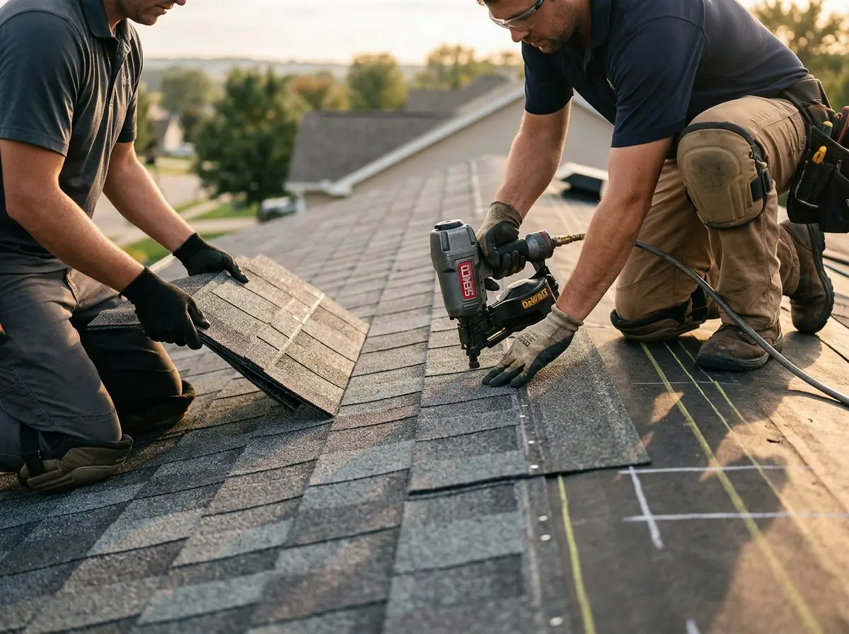 Professional roofer working on a residential roof in Cerritos